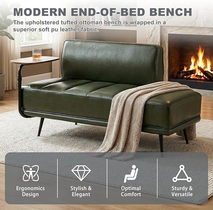 55 Faux Leather Upholstered Sofa Entryway Ottoman Modern End of Bed Bench with Side Table 360-degree Swivel Tray Couch Window Bench with Metal Legs for Bedroom Living Room (Green)