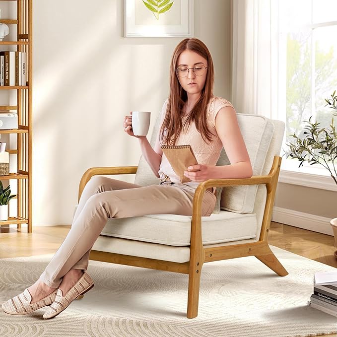 COLAMY Modern Accent Chair with with Solid Wood Frame Mid Century Reading Leisure Armchair Lumbar Pillow&amp Soft Cushion Relaxing Chair for Living RoomBedroomWaiting Room（Beige）