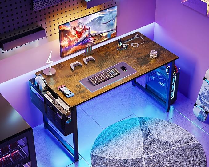 AODK 40 inch Small Computer Desk with Power Outlet for Small Spaces Home Office Student Laptop PC Writing Desks with Storage Bag Headphone Hook Vintage