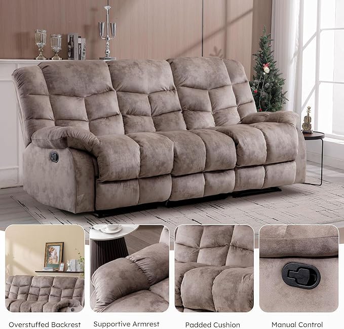 EBELLO Reclining Couch for Living Room Extra Wide Modern Overstuffed 3 Seat Recliner Manual Sofa Breathable Fabric and Padded Cushion Light Brown