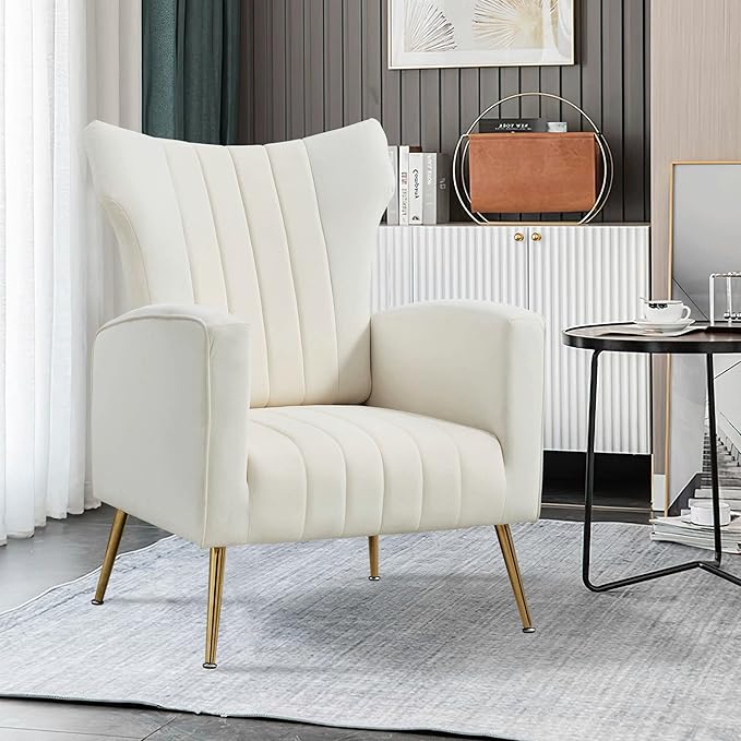Modern Velvet Accent Chair with Arms Wingback Reading Chair with Gold Metal Legs Comfy Upholstered Single Leisure Sofa for Living Room Bedroom Club(Velvet+White)