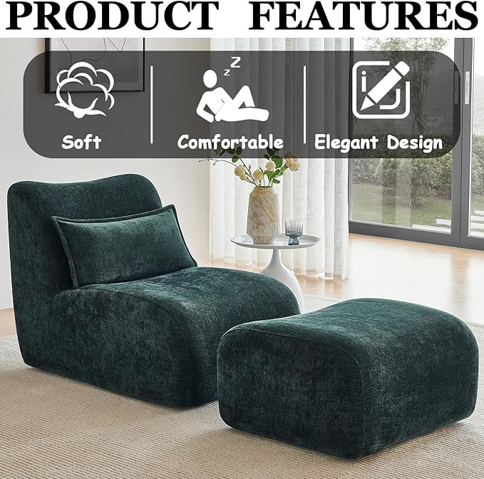 27” Oversized Lazy Sofa Chair and Ottoman Set Chaise Lounge Chair Indoor with Pillows Comfy Reading Couch for Adults Suitable for Living Room Small Spaces Memory Foam Chenille (Green-2)