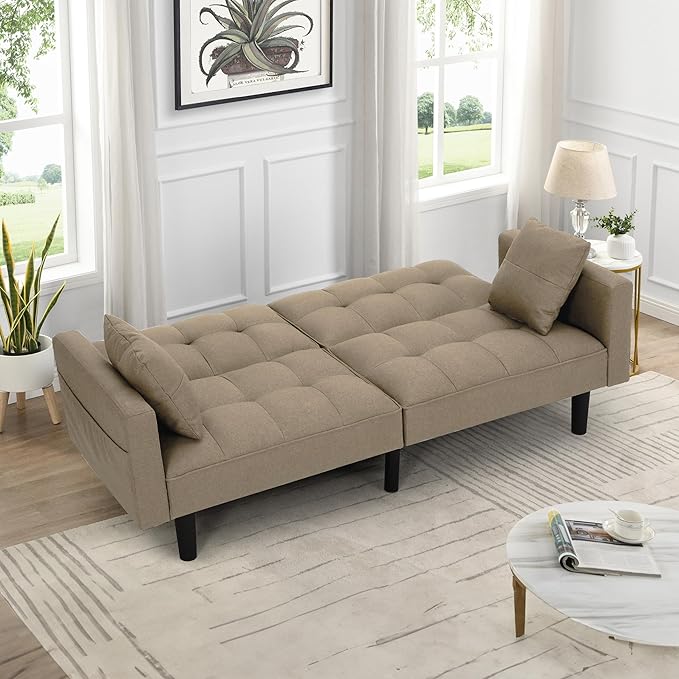 AVAWING Futon Sofa Bed Modern Linen Fabric Convertible Upholstered Couch with Adjustable Back Arms and High Strength Nylon Legs for Living Room Apartment Office (Khaki)