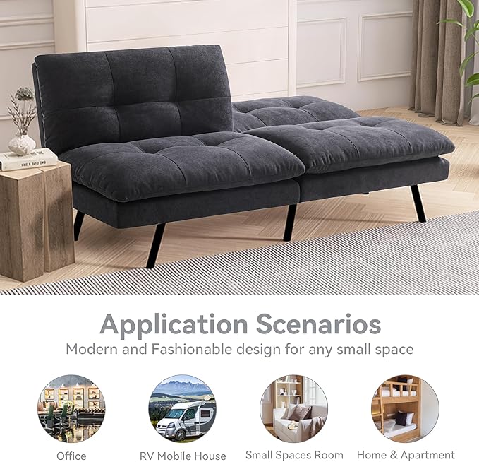 Convertible Futon Sofa BedMemory Foam Linen Fabric Futon Couch with Adjustable BackrestFolding Loveseat Sleeper Recliner for for Living RoomOfficeApartmentDeep Black