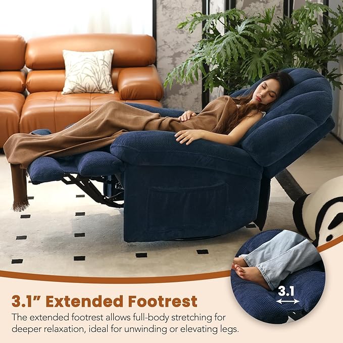 EONIX Dual Motor Power Swivel Rocker Recliner Chair for Living Room Power Adjustable Backrest and Extended Footrest USB Charging Ports Shell Shape Recliner Chair SXXY004021 Navy Blue