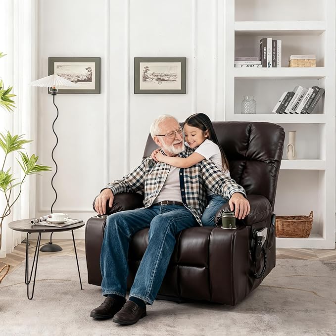 Oversized Power Recliner Chair for Big and Tall 400 LBS 25.5 Extra Wide Electric Lift Chair with Heat and Massage Dual Motor 180° Lay Flat Recliner Living Room Sofa PU Leather Big Recliner
