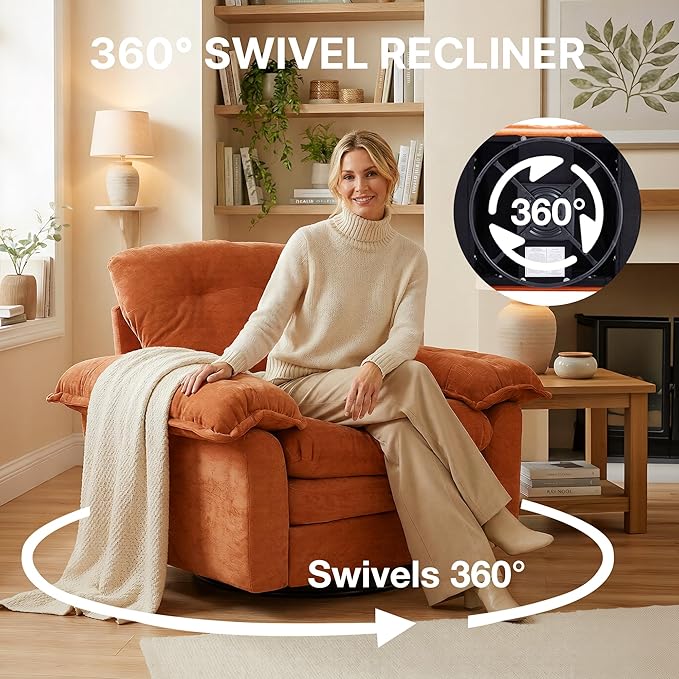 360° Swivel Accent Chair Oversized Plush Modern Chenille Armchair with Padded Seat &amp Back Comfy Spinning Chair for Living Room Bedroom Office (Orange)