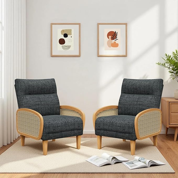 Rattan Accent Chairs Set of 2 Arm Chair with High Resilience Cushion Armchair with Sturdy Ash Wood for Living Room Dark Gray