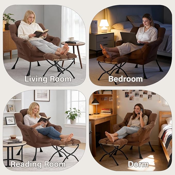 Lazy Chair with Folding Ottoman Modern Accent Armchair with Armrests and a Side Pocket &amp Foldable Footstool Reading Chair for Living Room Bedroom Dorm &amp Office Dark Brown