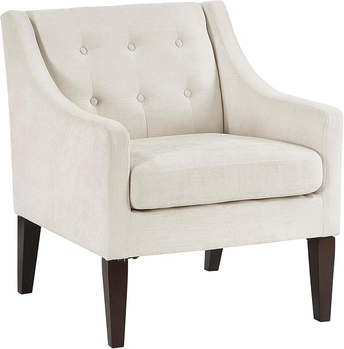 Lexicon Living Room Accent Chair Textured Fabric Upholstered Arm Chair with Button Tufted Back Sloped Arms and Wooden Legs Beige