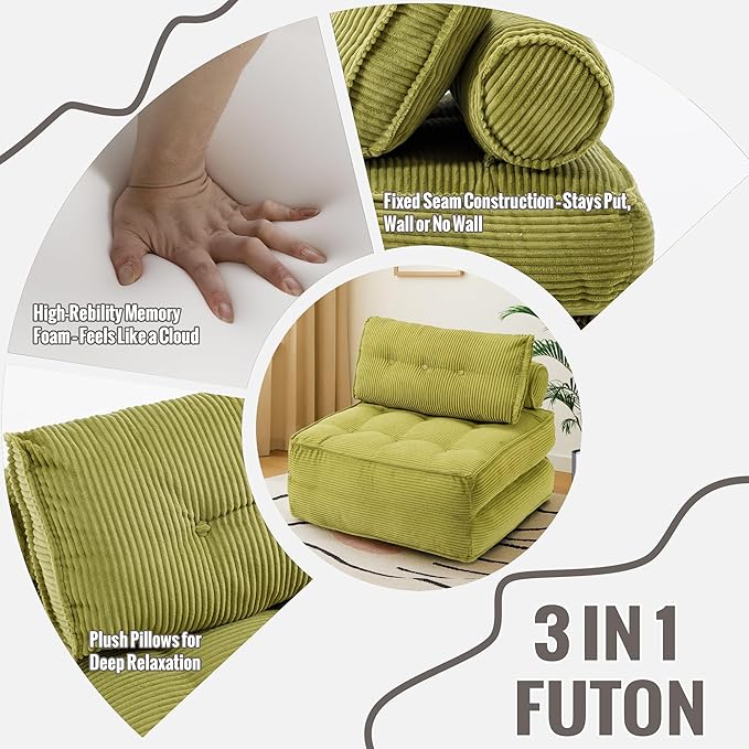 Folding Sofa Bed Convertible Sleeper Chair 33 with Pillow Futon Boneless Couch with Back Support Small Couch for Living Room(Green Double)