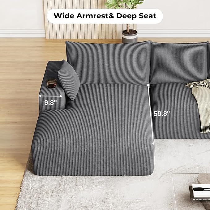 113 Modular Sectional Sofa Cloud Couch Modern Deep Seat Fluffy Corduroy Boneless Couch with Cup Holder Comfy L Shaped Sectional Couches for Living Room Bedroom. (Left Facing Grey)