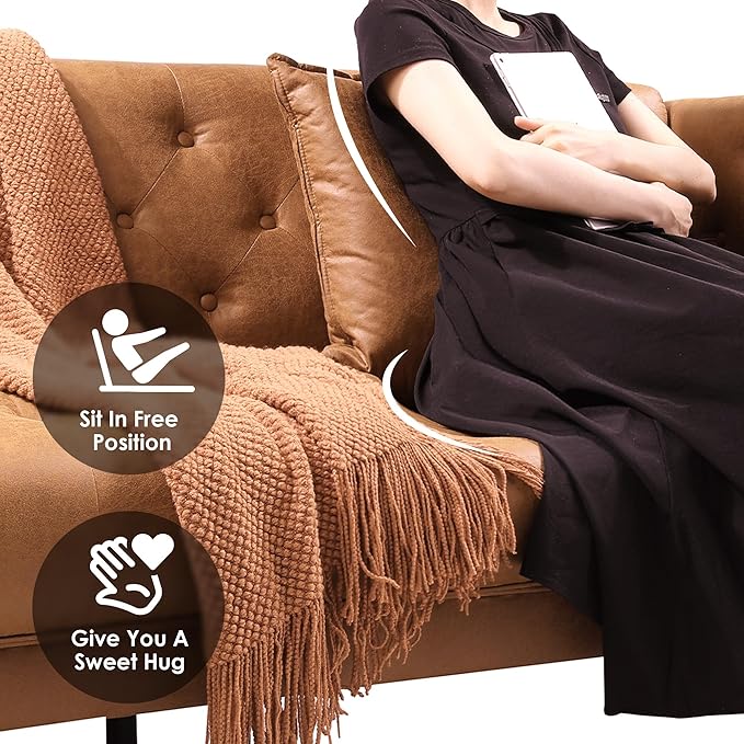 HIFIT 79 W Brown Faux Leather Sofa Couch with 2 Pillows 3 Seater Couches for Living Room Handmade Button Tufted Cushions and Metal Legs Modern Leather Sofa for Apartment Office