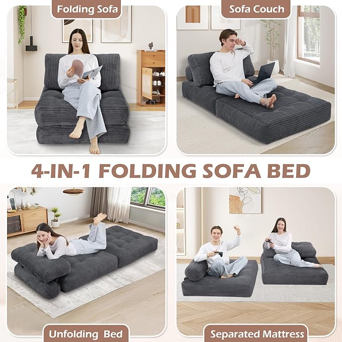Folding Sofa Bed Convertible Sleeper Chair with Pillow &amp Handle Foldable Mattress Futon Chair Bed Lounge with Back Support Comfy Floor Sofa for Living Room Bedroom Grey Single