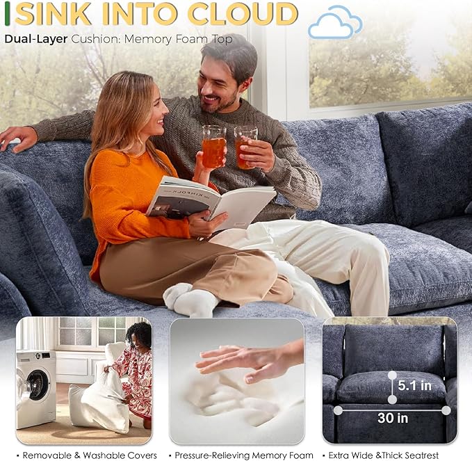 SITJOY 110 Boneless Sectional Couch Modular Cloud Couch with Washable Covers Soft Deep Seat Comfy Sofa with Chaise 3 Seater L Shaped Sofa with Ottoman‌ Chenille in Navy Blue
