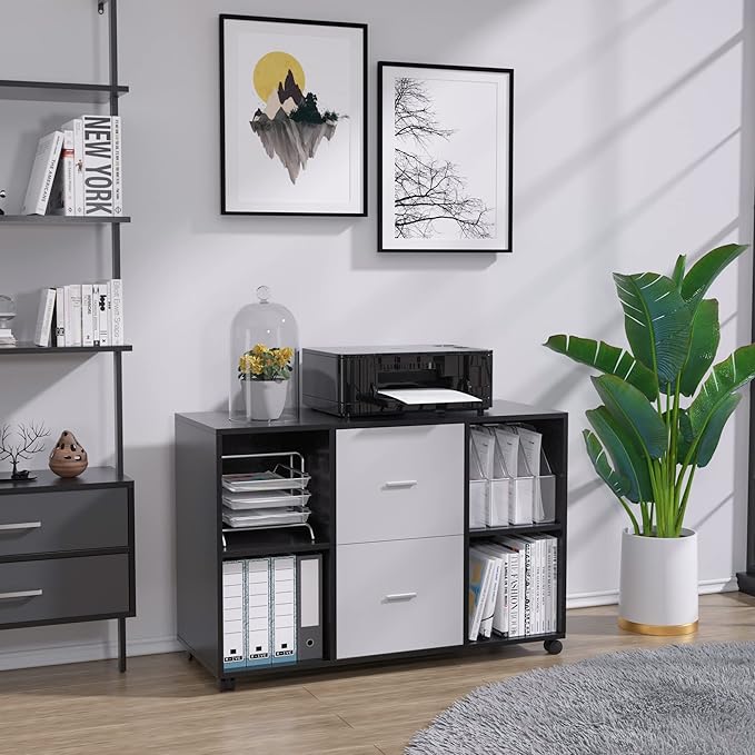 Mobile Wood Filing Cabinet with 2 Drawers and 4 Open Storage cabinets and Wheels for Home Office Black Oak Light Grey