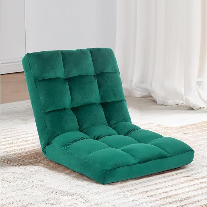 Floor Chair 24 inches Wide Oversized Velvet Armless Lay Flat Floor seat Padded Meditation Chair with 6 Adjustable Position Ergonomic Comfortable Convenient(LRSF-012-GREEN)