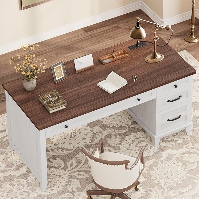 IDEALHOUSE Rustic Wood Double Desk with Built-in Charging Station &amp 4 File Drawers Spacious 2-Person Writing Table for Home Office Heavy-Duty Dual Workstation for Study &amp Work White and Bro