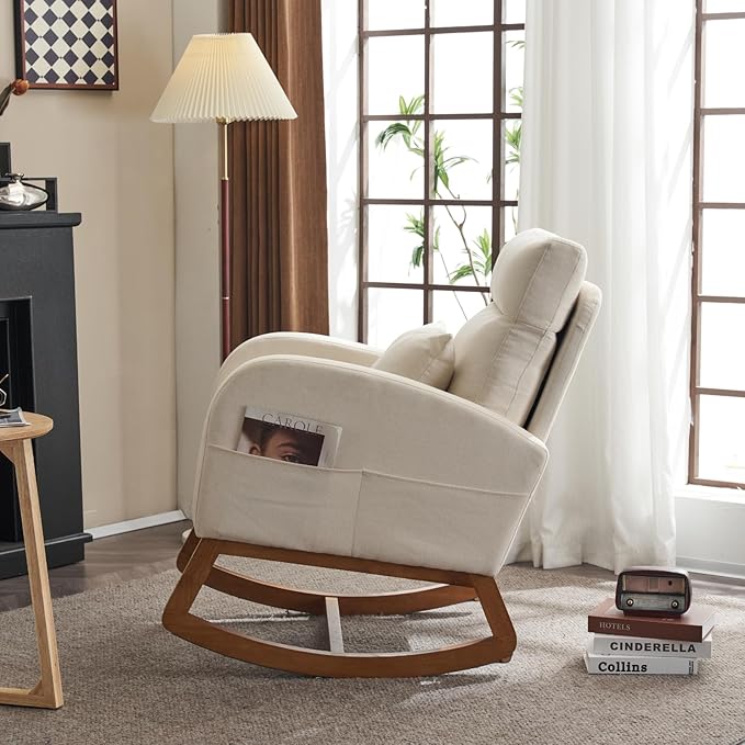 VINGLI Beige Linen Nursery Rocking Chair with Thick HeadrestMid-Century Modern Nursing RockerUpholstered Glider with Curved Armrest Sturdy Solid Wood Base for Living Room Bedroom Baby Room