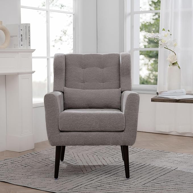 Modern Accent Chair Chenille Fabric Upholstered Tufted Side Chair Wingback ChairMid Century Reading Armchair with Waist Pillow Backrest for Living Room Bedroom (Grey)