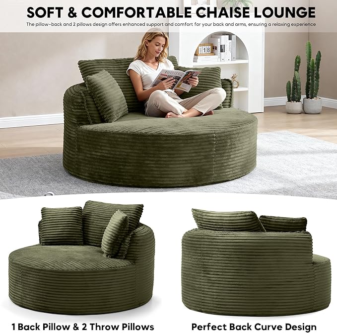 Oversized Round Chair Lounge Chaise Indoor 53.5 Upholstered Corduroy Deep Seat Single Cloud Sofa Chair Fluffy Modern Large Circle Boneless Sleeper Sofa for Living Room Bedroom Green