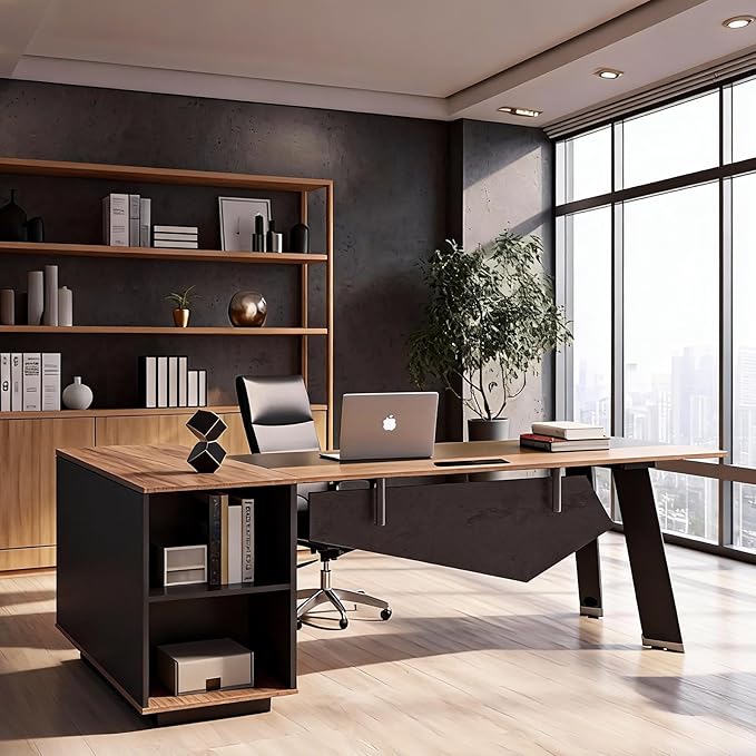63 L Shaped Executive Desk Reversible Office Desk with Power Outlets Modern Computer Desk with lateral File Cabinet &amp Open Shelves  Wooden Business Furniture Desk for Office WorkHome Study