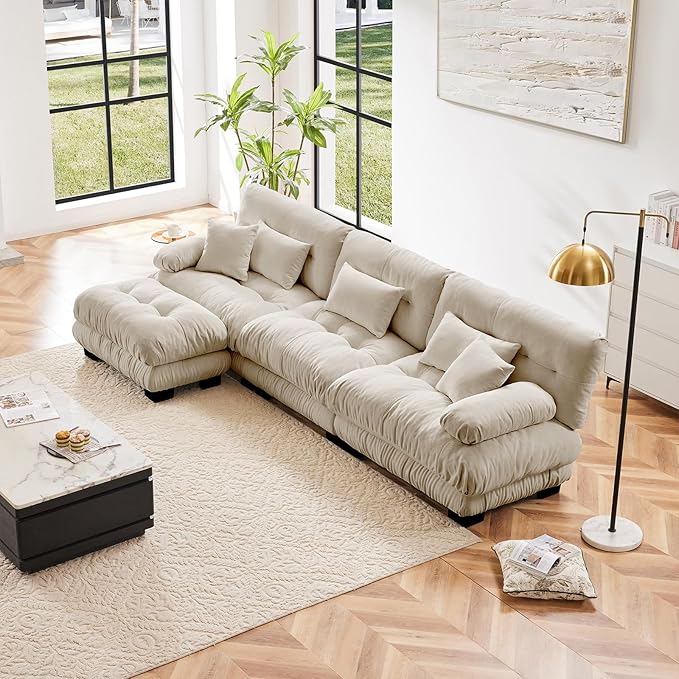 133.8 Oversized Couch 3 Seater Modular Sectional Sofa Beige Large L Shaped Sectional Couches for Living Room Fluffy Couch Set 3 Seater Velvet Cloud Couches with Ottoman Sofas for Living Room
