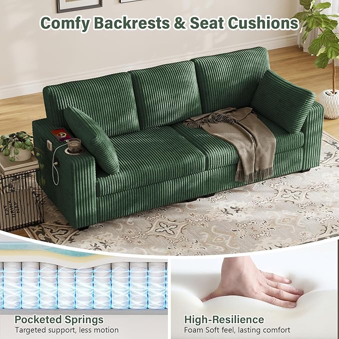 OUYESSIR 82 Loveseat Sofa for Living RoomModern Sofa with USB Charging Ports &amp Cup HoldersComfy Corduroy Couch with Upholstered Cushion3 Seater Deep Seat Couch for Small SpaceBedroom Green