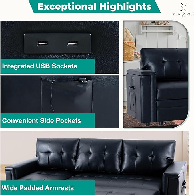 Naomi Home Lily Sectional Sleeper Sofa with USB Ports-L-Shaped Couch Convertible Pull-Out Bed Ample StorageTimeless DesignSturdy ConstructionLong-Lasting for Modern Living - Black Air Leather