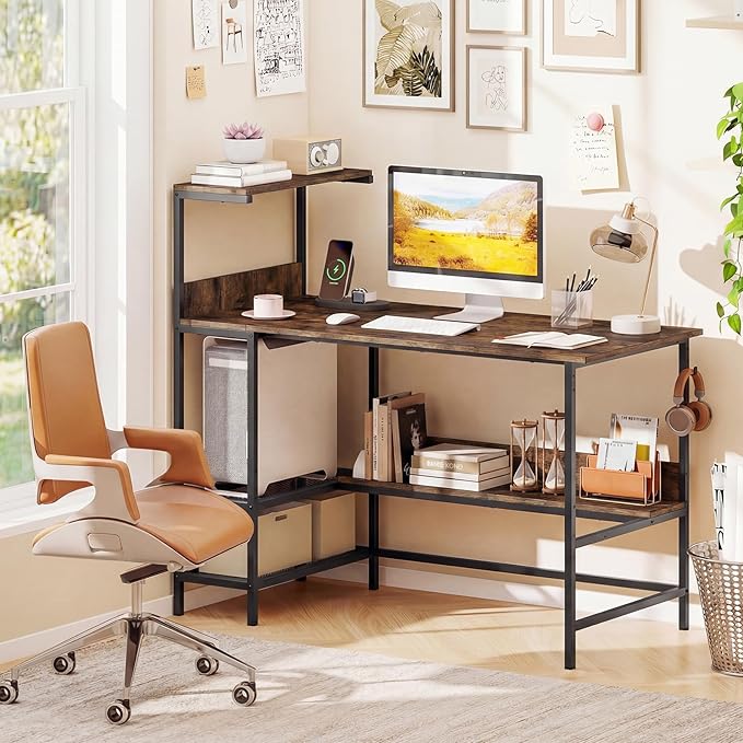 Giantex 48 Computer Desk with Charging Station Reversible Writing Desk with Storage Shelves &amp Headphone Hook Small Gaming Desk Industrial Computer Workstation for Home Office (Rustic Brown)