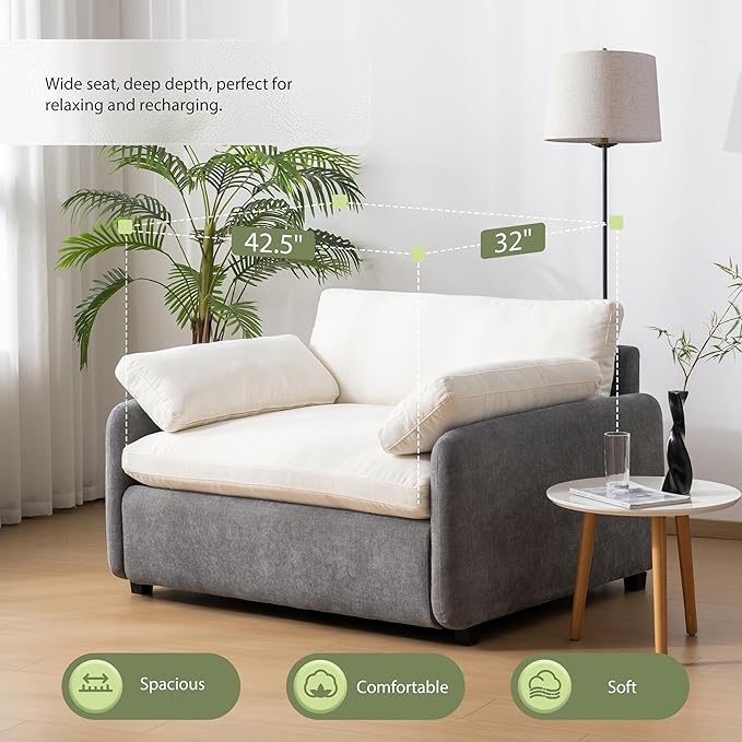 50*43 Oversized Chenille Single Sofa Chair Wide and Deep Seat Accent Chair Modern Upholstered Comfy Armchair Color Blocking Couch Lounge with Pillows for Living RoomApartmentBedroom Gray+Cream