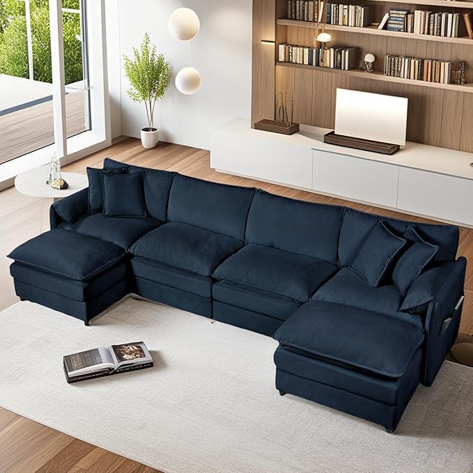 144 Modular Sectional SofaU-Shaped Chenille Sofa Couch with Movable OttomanModern 6 Seat Cloud Sectional Couches for Living Room Office Home (Blue 144 U-6 Seater)