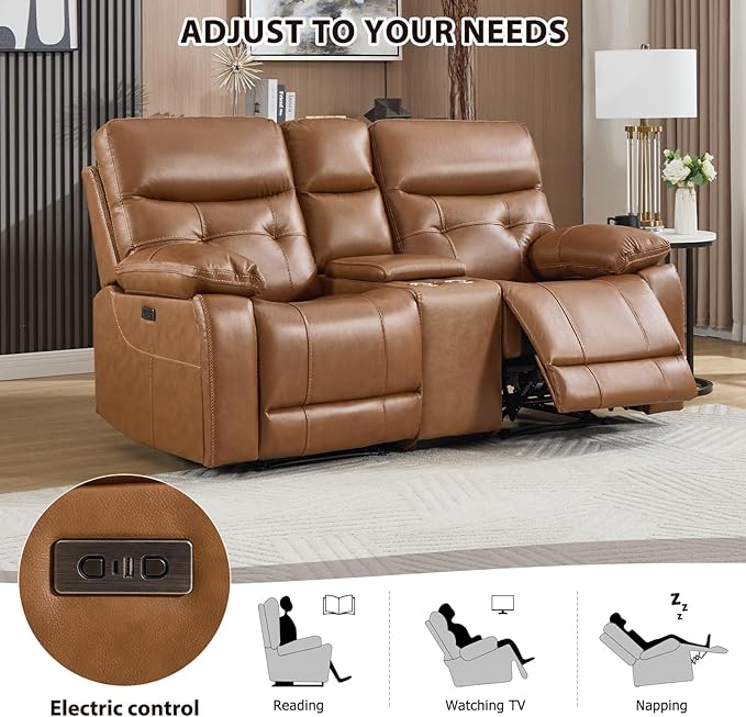 CANMOV Genuine Leather Power Recliner Loveseat 2 Seat Loveseat Reclining Sofa with Storage ConsoleHidden Cup HoldersModern Electric Recliner Couch Set for Living Room BedroomBrown