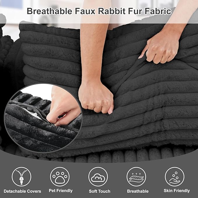 Redlife 95 L-Shaped Modular Sectional Sofa Faux Rabbit Fur Modular Floor Couch with Chaise High-Density 30D Foam Sponge No Assembly Required 5 Pillows Compressed for Living Room (Black)