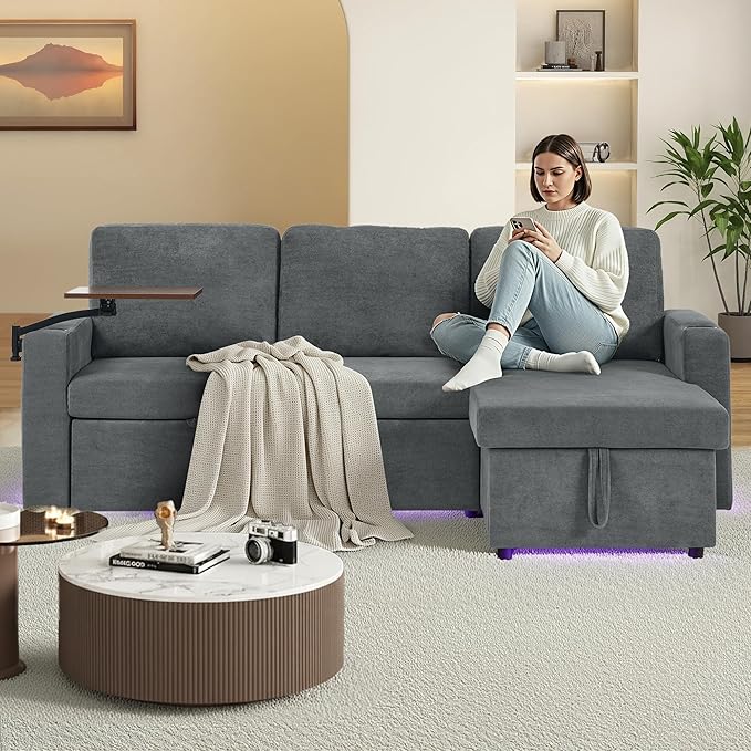 LED Sectional Sleeper Sofa with Pull Out Bed Convertible L Shaped Sofa with Storage Chaise Lounge Retractable Table USB Cup Holders Comfy 3-Seater Sleeper Couch for Living Room (Grey)