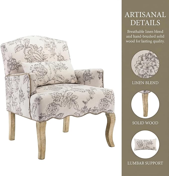 Floral Accent Chairs Set of 2 Farmhouse Upholstered Armchair Linen Reading Chair Mid Century Modern Single Sofa Chair with Pillow for Bedroom/Living Room/Fireplace Beige