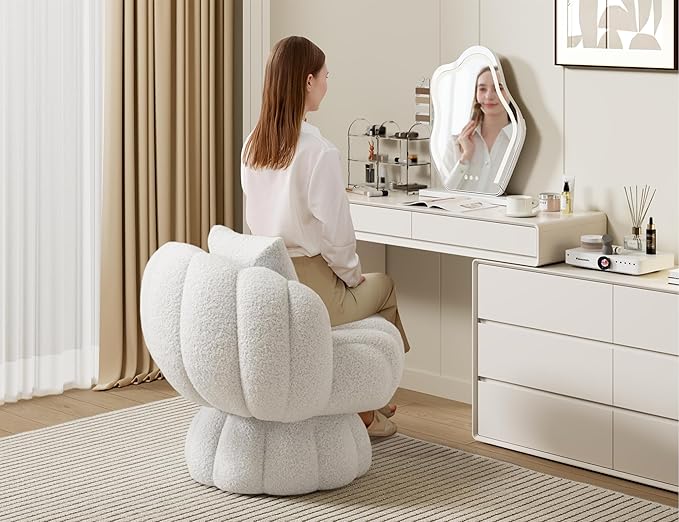 Mid Century Modern 360 Degree Barrel Swivel Accent Vanity ChairFluffy Sherpa Fabric Lounge Wide Upholstered Pumpkin Reading Chair Round Cloud Armchair for Living RoomBedroomVanity(Beige)