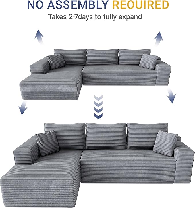 104 Cloud Sectional Couch with L-Shaped ChaiseModern Modular Sectional SofaCorduroy Boneless Couches for Living Room BedroomNo Assembly Required 3-Seater (Left Facing Chaise) Grey