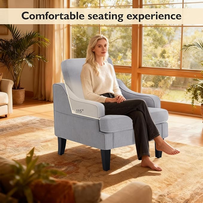 Accent Chair for Living Room Upholstered Living Room Chair with Side Pockets Comfy Accent Chairs for Bedroom Mid Century Modern Armchair for Office Apartment Waiting Room Club (Grey)