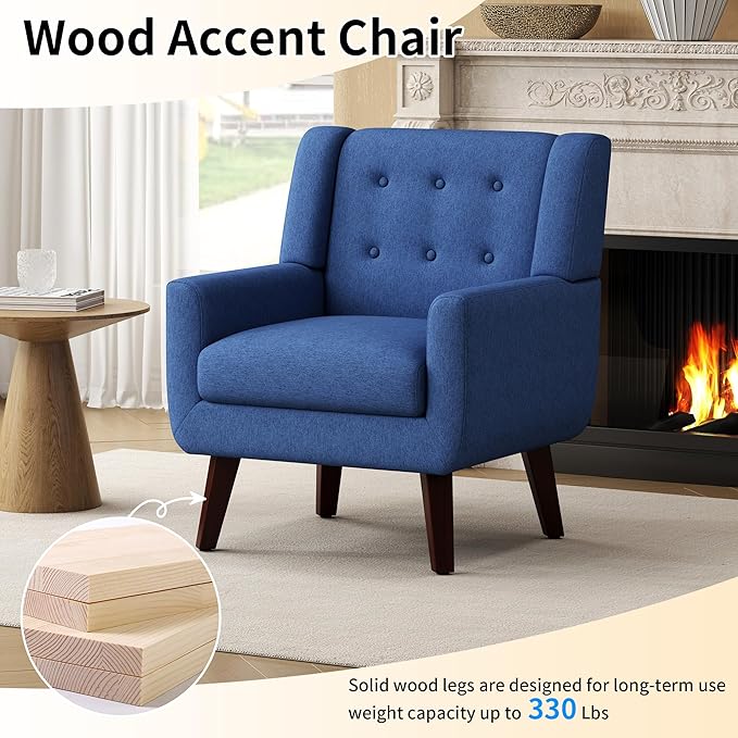Accent Chairs Mid-Century Modern Upholstered Living Room Armchair Comfy Oversized Linen Fabric Single Reading Arm Chair with Tufted Back and Wood Legs for Bedroom Club (1 Navy)