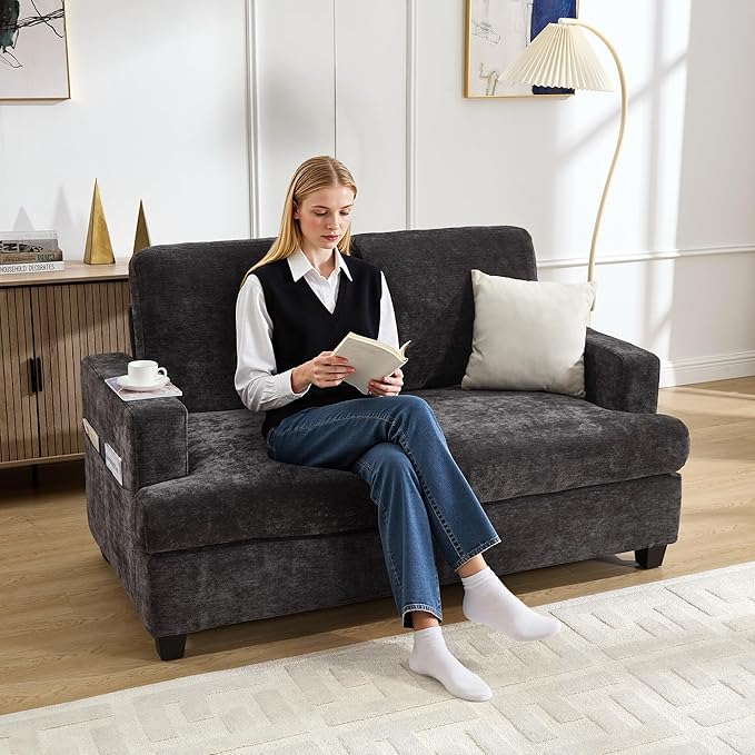 Loveseat Sofa 60 Chenille Couch with Side Pocket Removable Pillow and Cushion Cover 2 seat Couches Comfy Modern Small Couch for Living Room Small Spaces Dorms Office Dark Grey
