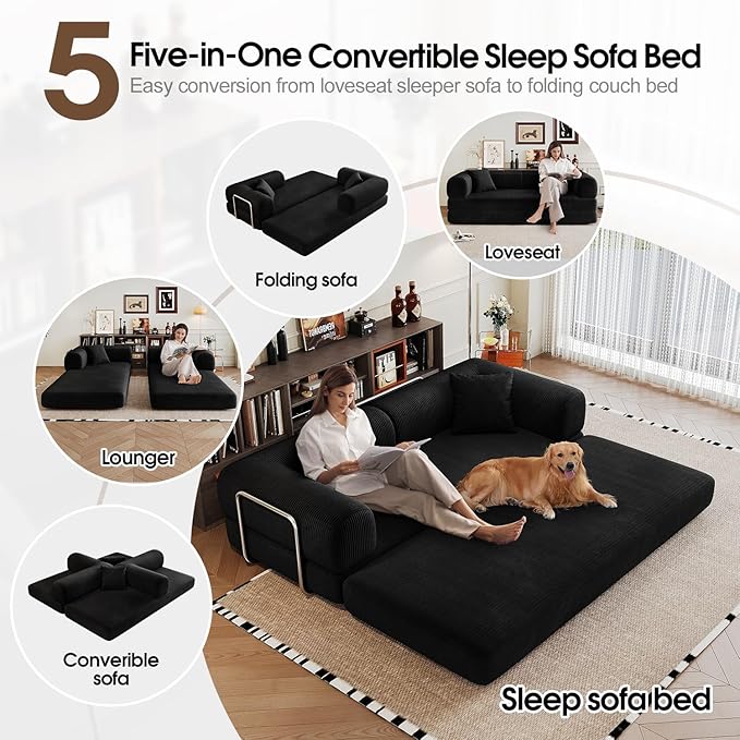 78.8'' Convertible Sofa Bed Boneless Couch in a Box Modular Corduroy Comfy Foldable Sleeper Compression Sofa Loveseat Couches for Living Room (Black 78.8 inch)