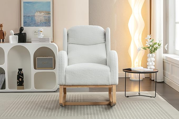 Teddy Rocking Chair Ivory Fabric Accent Chair with Wooden Legs for Living Room Bedroom Indoor Use Comfortable Upholstered Rocker with 300 Lbs Capacity