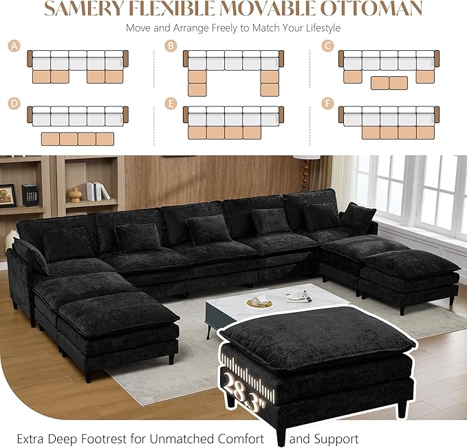 SAMERY 180.6 U Shaped Couch Cloud Sofa Modular Sectional Couch with 4 Large Ottomans 5 Seater Chenille Oversized Deep Seat Sectional Sofa with Pillows for Living Room Bedroom Apartment
