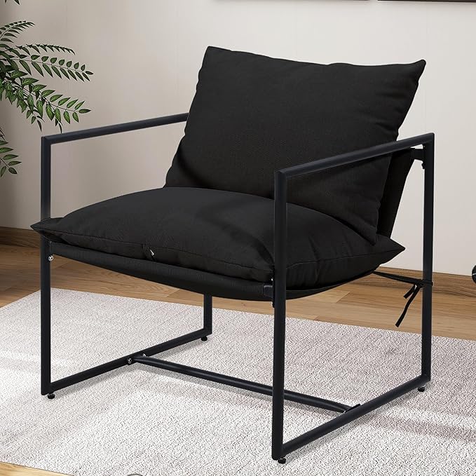 Kromax Sling Accent Chair Cozy Living Room Chairs Square Metal Frame Upholstered Soft Cushion Sponge 28 x28“x32 Easy Assembly Black