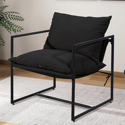 Kromax Sling Accent Chair Cozy Living Room Chairs Square Metal Frame Upholstered Soft Cushion Sponge 28 x28“x32 Easy Assembly Black