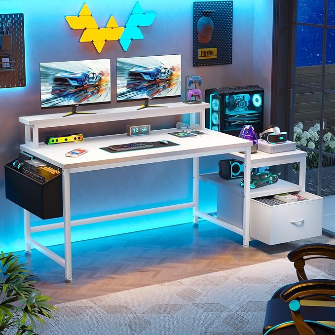EnHomee 57 Office Desk with Drawers and Printer SpaceComputer Desk with Power OutletsHome Office Desks with File Drawers CabinetStudy Writing and Gaming Desk with Shelves Monitor StandWhite