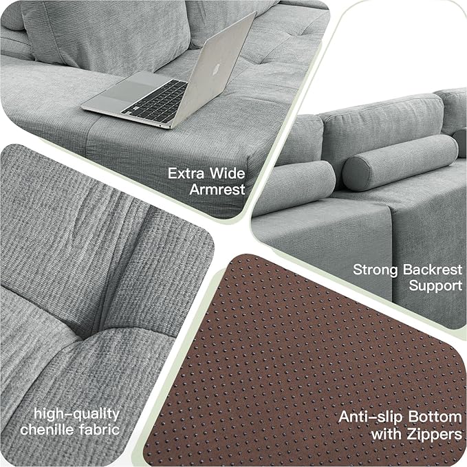 114” Oversized Modular Sectional Couch for Living Room Chenille Boneless Couch L-Shape Cloud Sofa with Deep Seat and Chaise Memory Foam Compressed Sofa for Living Room Furniture Bedroom Apartment