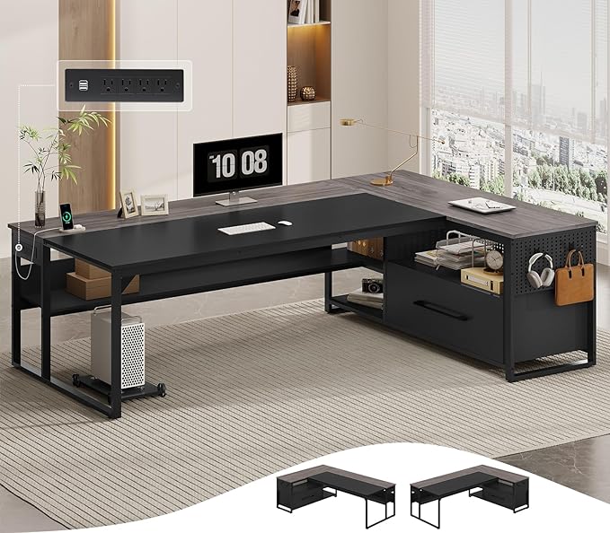 71 Executive Desk Large Office Desk with Widen File Drawers &amp Power Outlets Reversible L Shaped Computer Desk Corner Desk with Storage Shelves CPU Stand Hooks Business Furniture (Grey)