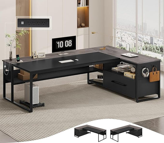 71 Executive Desk Large Office Desk with Widen File Drawers &amp Power Outlets Reversible L Shaped Computer Desk Corner Desk with Storage Shelves CPU Stand Hooks Business Furniture (Grey)